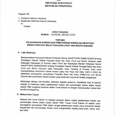 SE Menteri Pertanian tentang Pelaksanaan Kurban dan Pemotongan Hewan dalam Wabah PMK